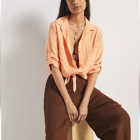 Cloth & Stone By Antropologie Tie-Front Blouse Peach Buttons Lyocell sz M. - Picture 8 of 14